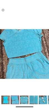 OFFLINE by Aerie Blue Smiley Face Terry Cloth Crop Top and Shorts Matching Set